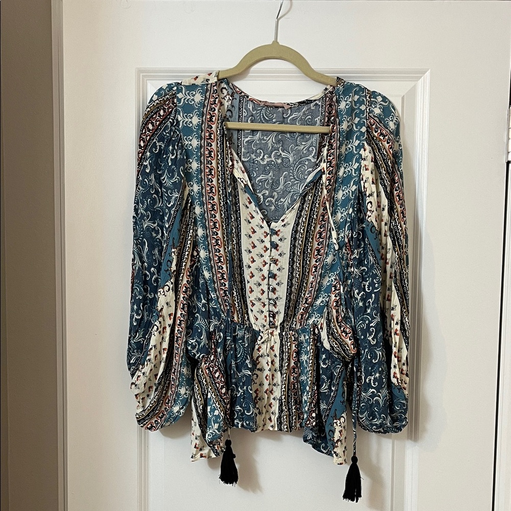 Ces Femme Teal and Beige Bohemian Blouse